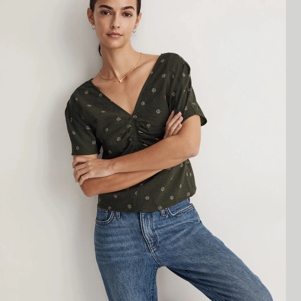 Madewell Forest Green Floral Voile Puff Sleeve Top Size 2